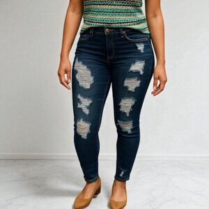 Blue Distressed Raw Hem Denim Pants